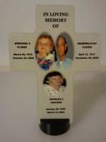 Stream Line Award Cross with Wood Stand showing several pics of loved ones missed and cherished
